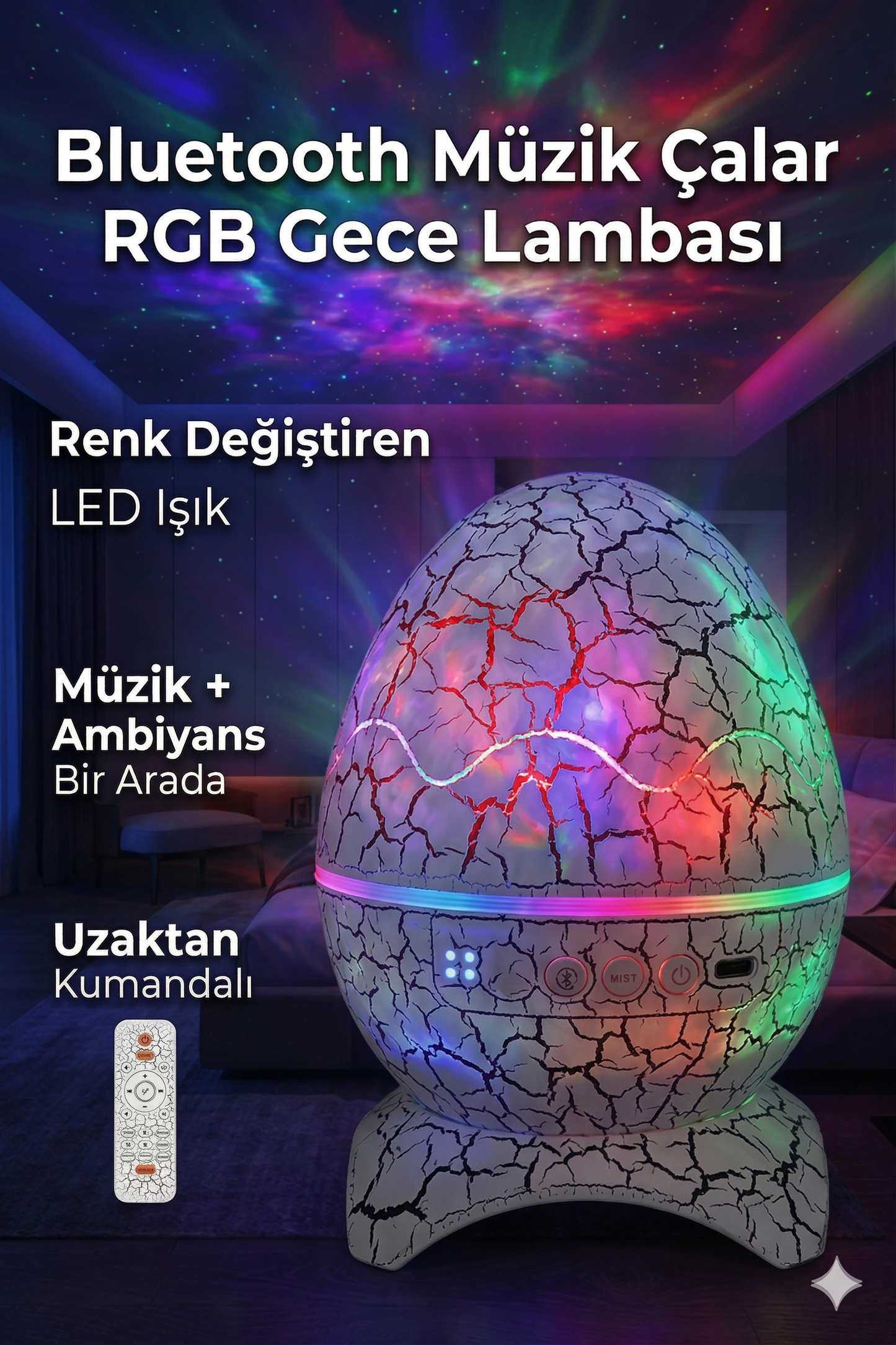 Dinozor Yumurtası Galaxy Projektör | Bluetooth Hoparlörlü, Uzaktan Kumandalı Gece Lambası 🌌🦖