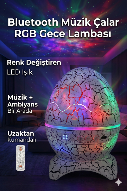 Dinozor Yumurtası Galaxy Projektör | Bluetooth Hoparlörlü, Uzaktan Kumandalı Gece Lambası 🌌🦖