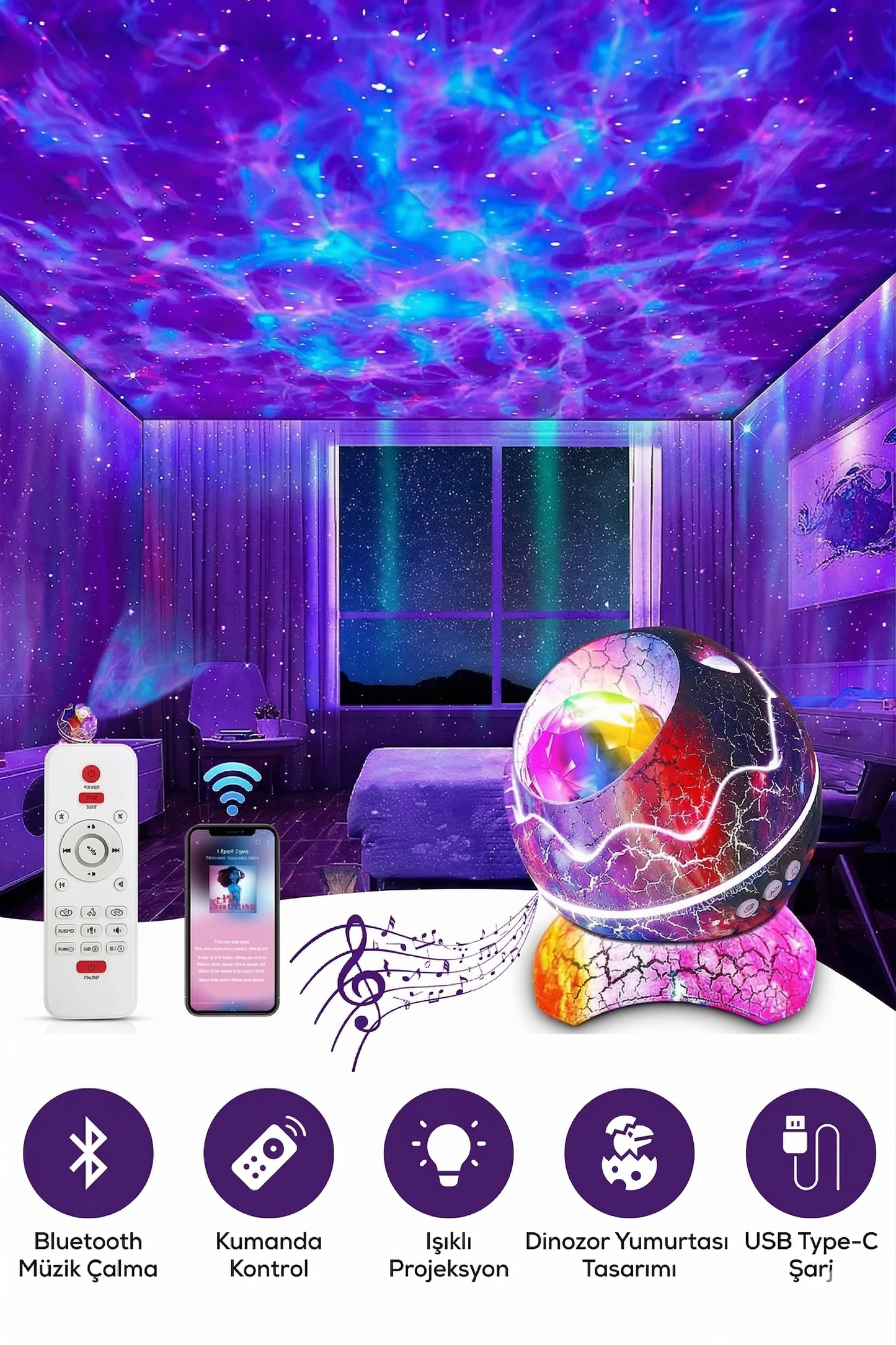 Dinozor Yumurtası Galaxy Projektör | Bluetooth Hoparlörlü, Uzaktan Kumandalı Gece Lambası 🌌🦖