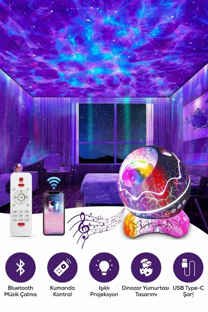Dinozor Yumurtası Galaxy Projektör | Bluetooth Hoparlörlü, Uzaktan Kumandalı Gece Lambası 🌌🦖